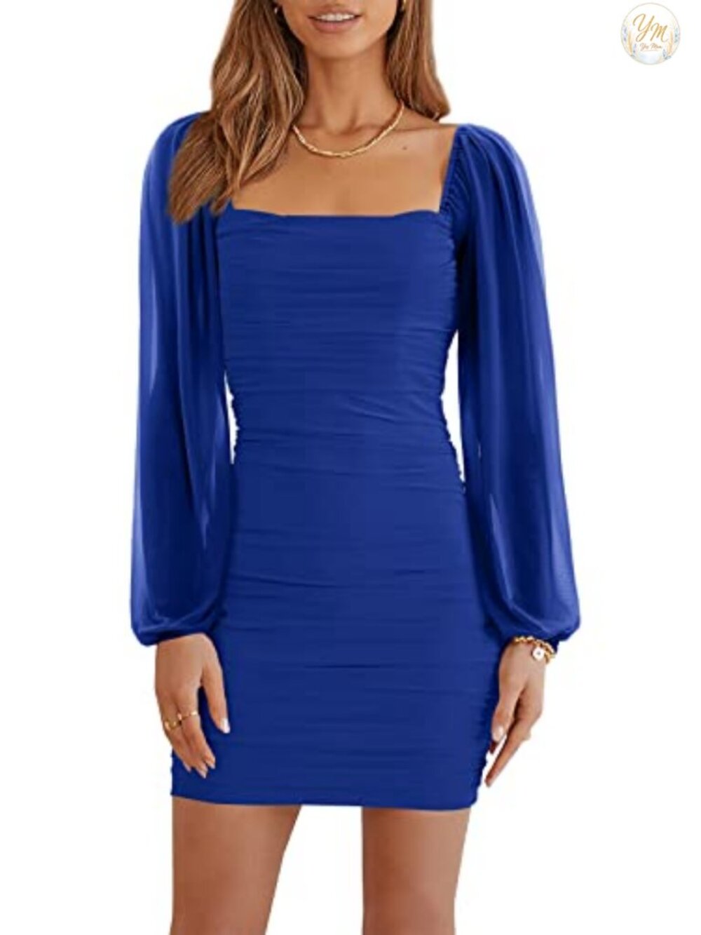 Women's Mesh Long Sleeve Square Neck Ruched Bodycon Mini Dress